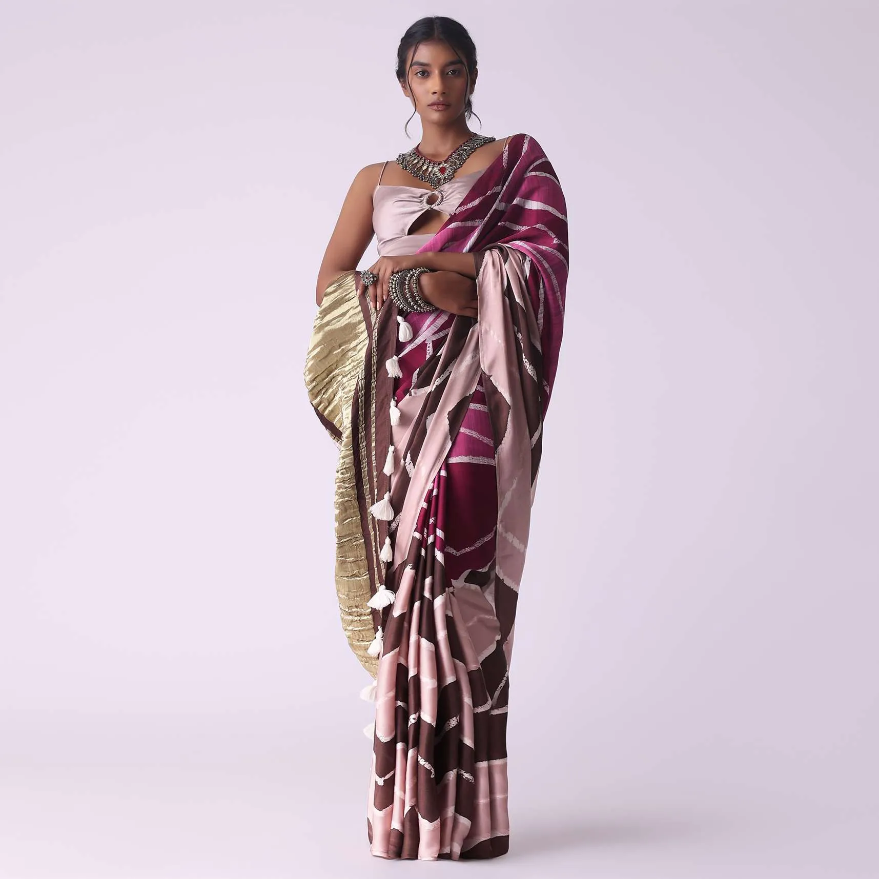 Misty Rose Pink Geometric Print Satin Saree
