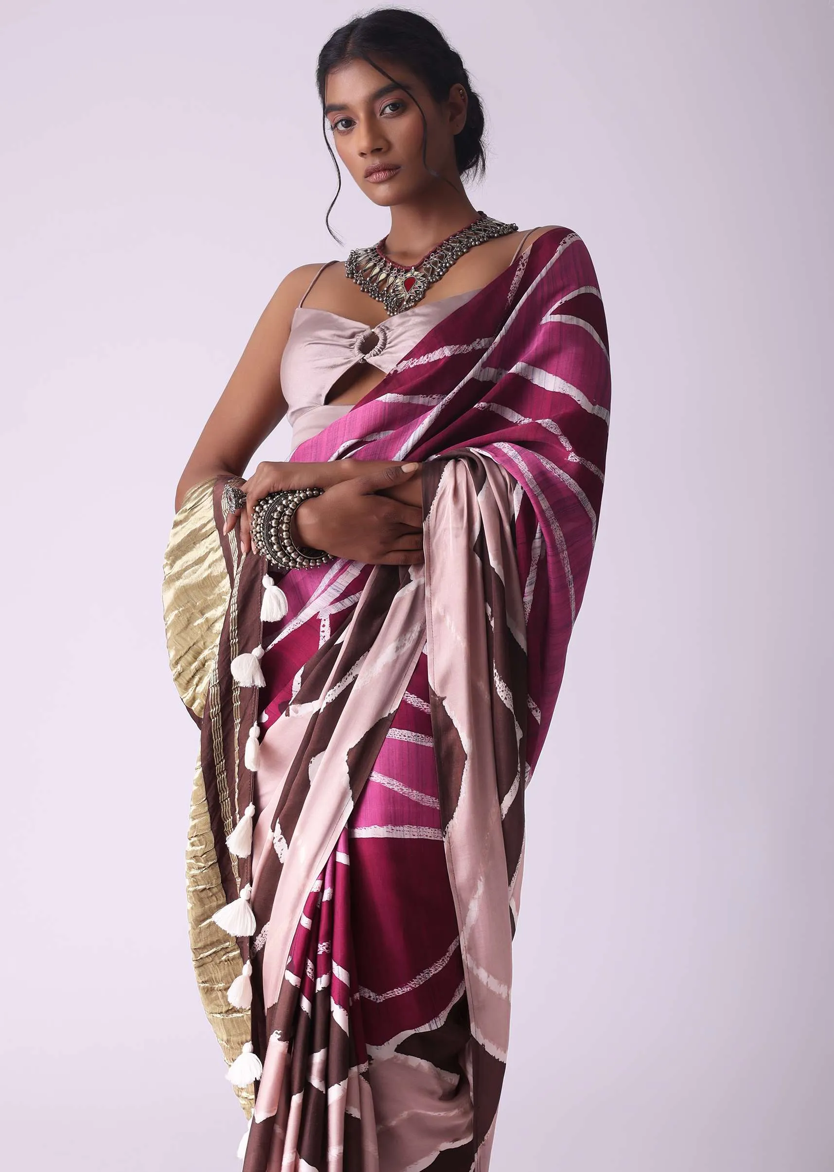 Misty Rose Pink Geometric Print Satin Saree