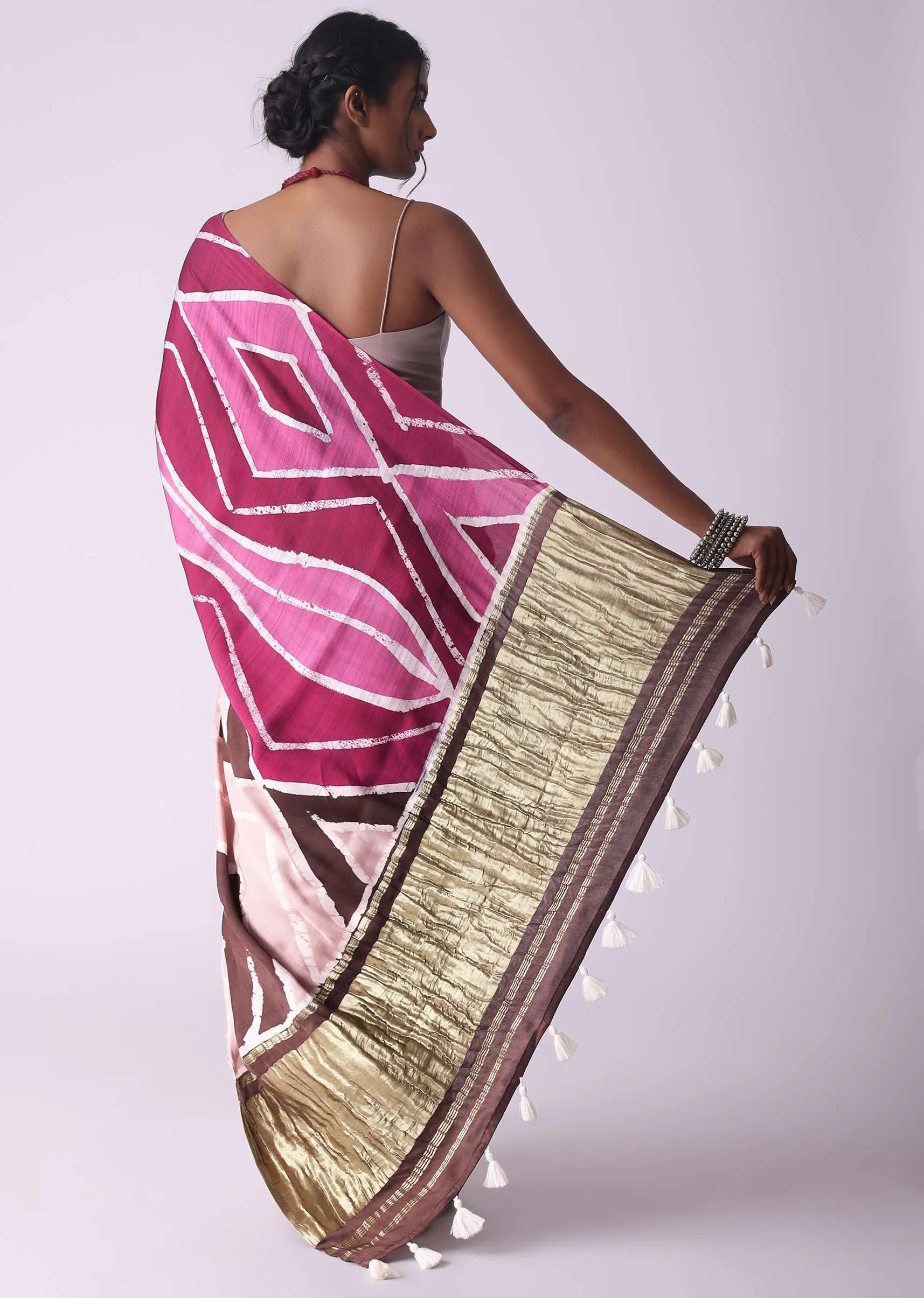 Misty Rose Pink Geometric Print Satin Saree