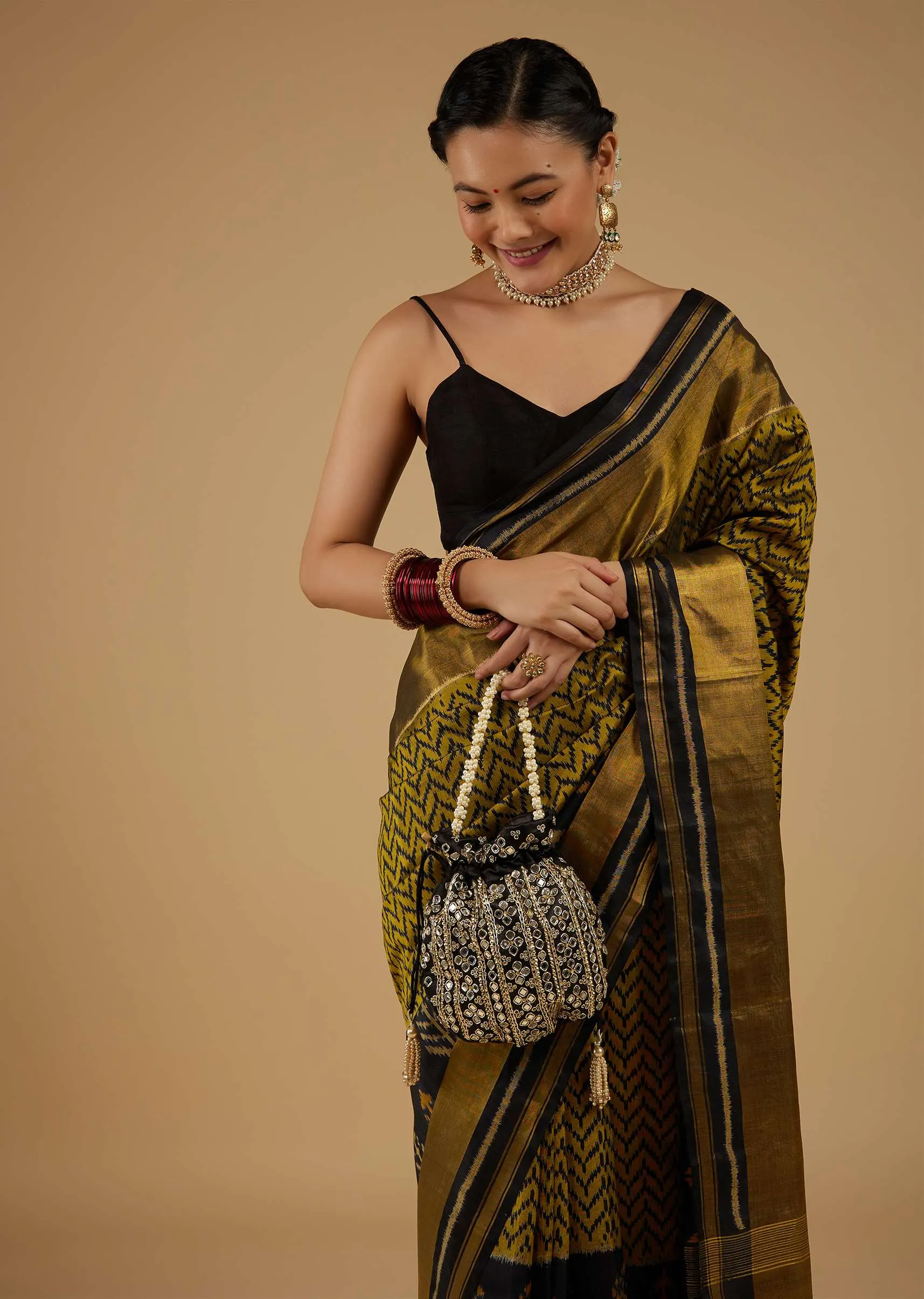Moss Green And Black Saree In Silk With Ikat Weave Patola Geometric Work