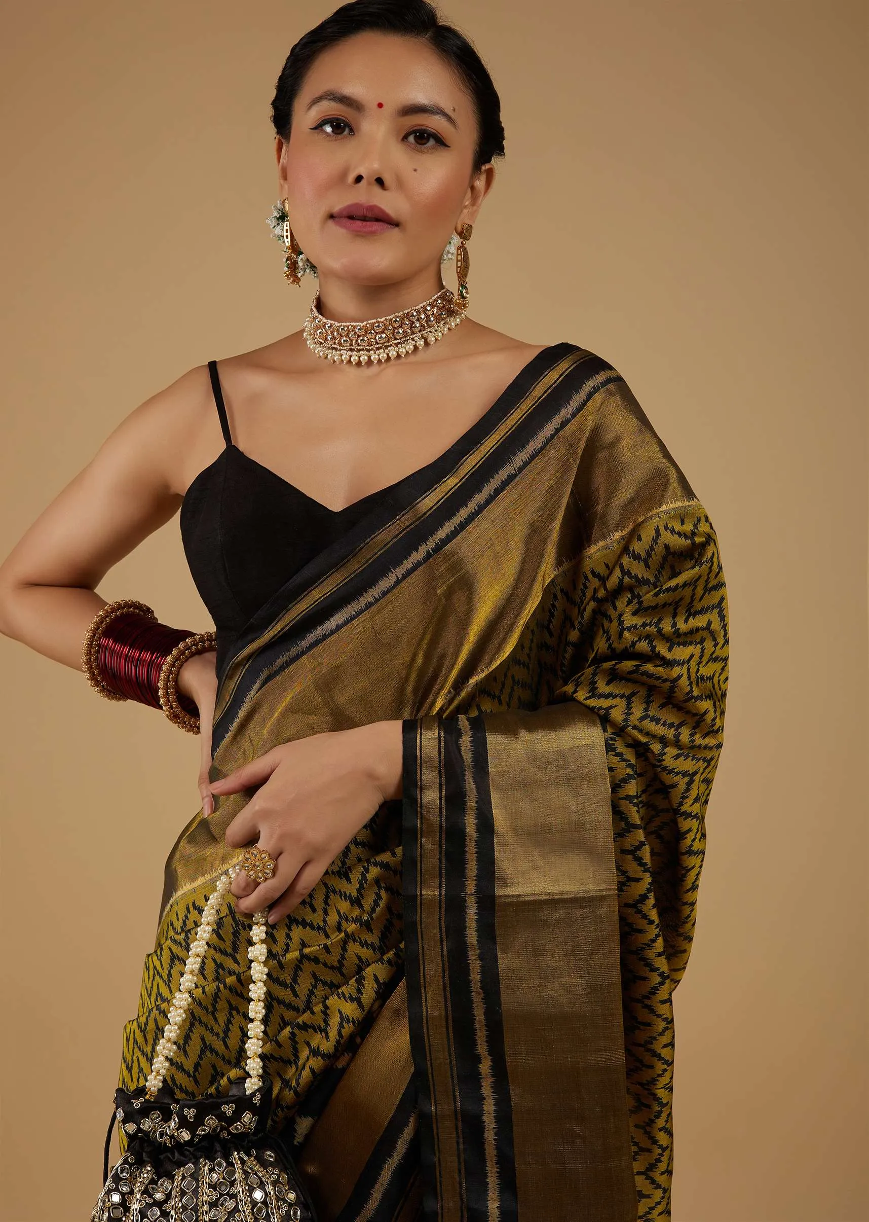Moss Green And Black Saree In Silk With Ikat Weave Patola Geometric Work