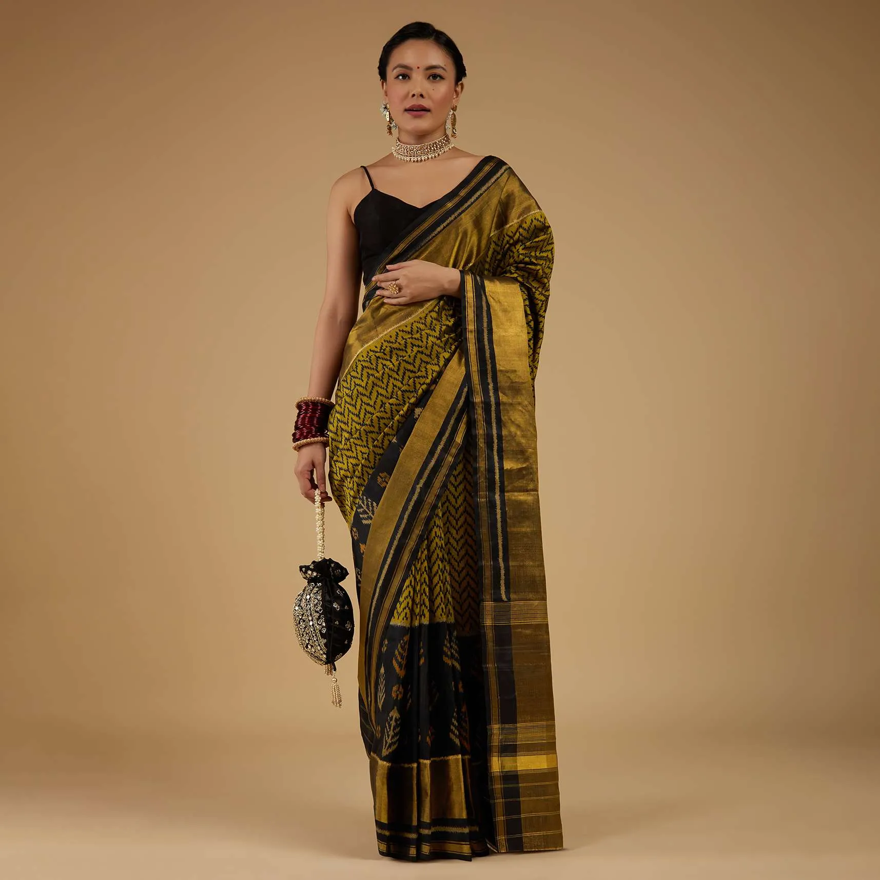Moss Green And Black Saree In Silk With Ikat Weave Patola Geometric Work