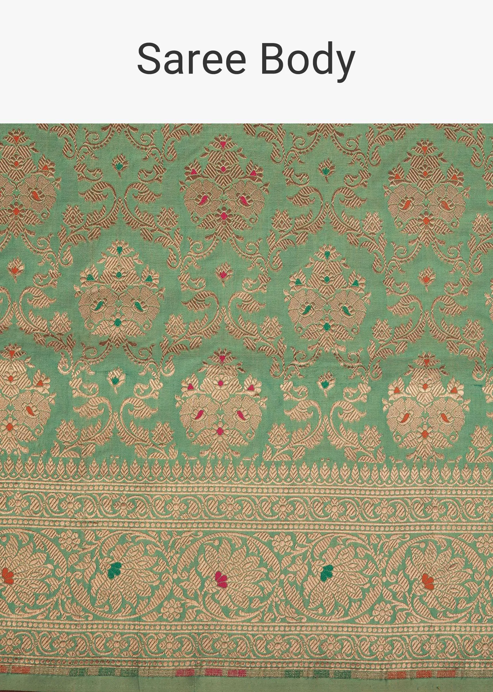 Moss Green Upada Silk Saree With Meenakari Jaal- Zari Work And Unstitched Work