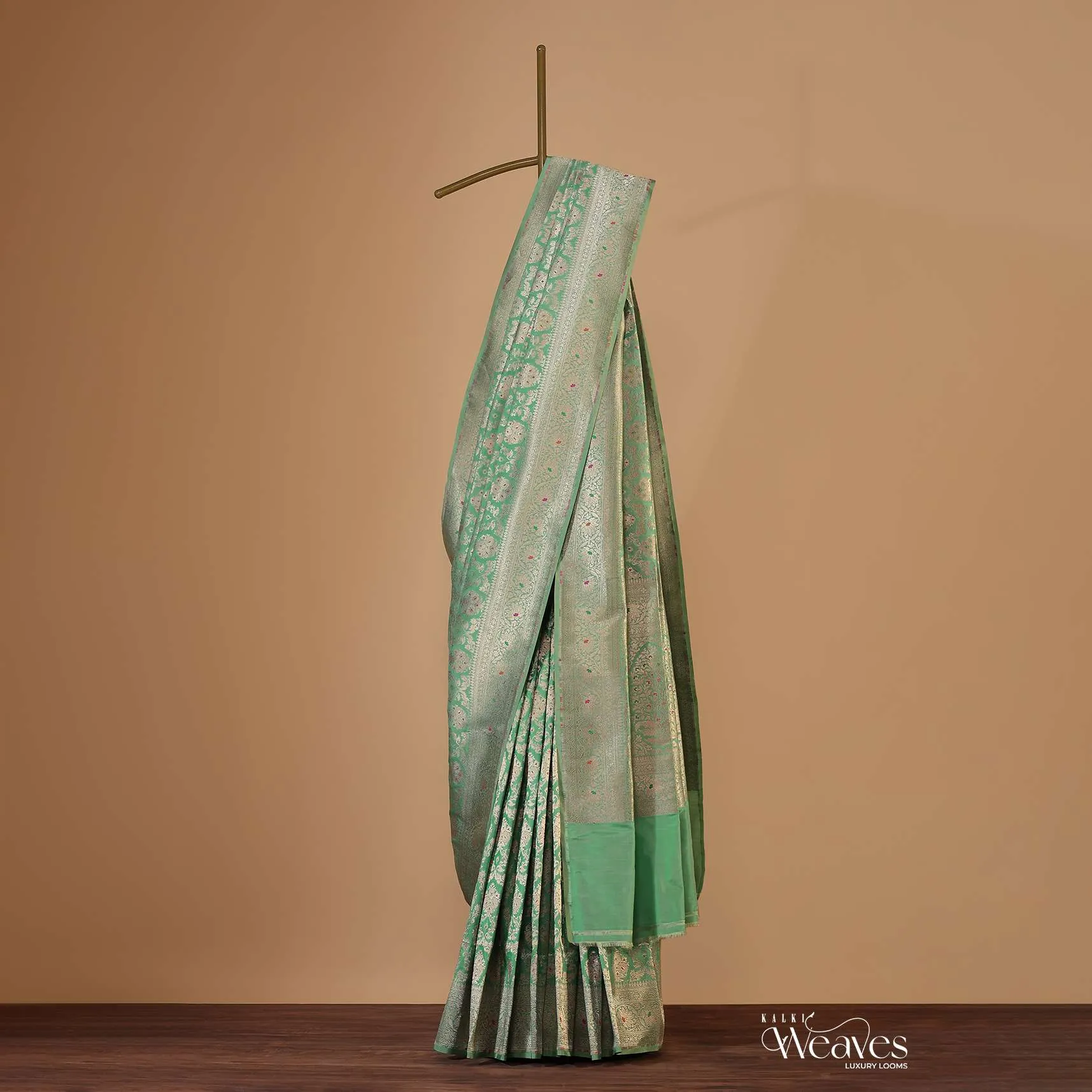 Moss Green Upada Silk Saree With Meenakari Jaal- Zari Work And Unstitched Work
