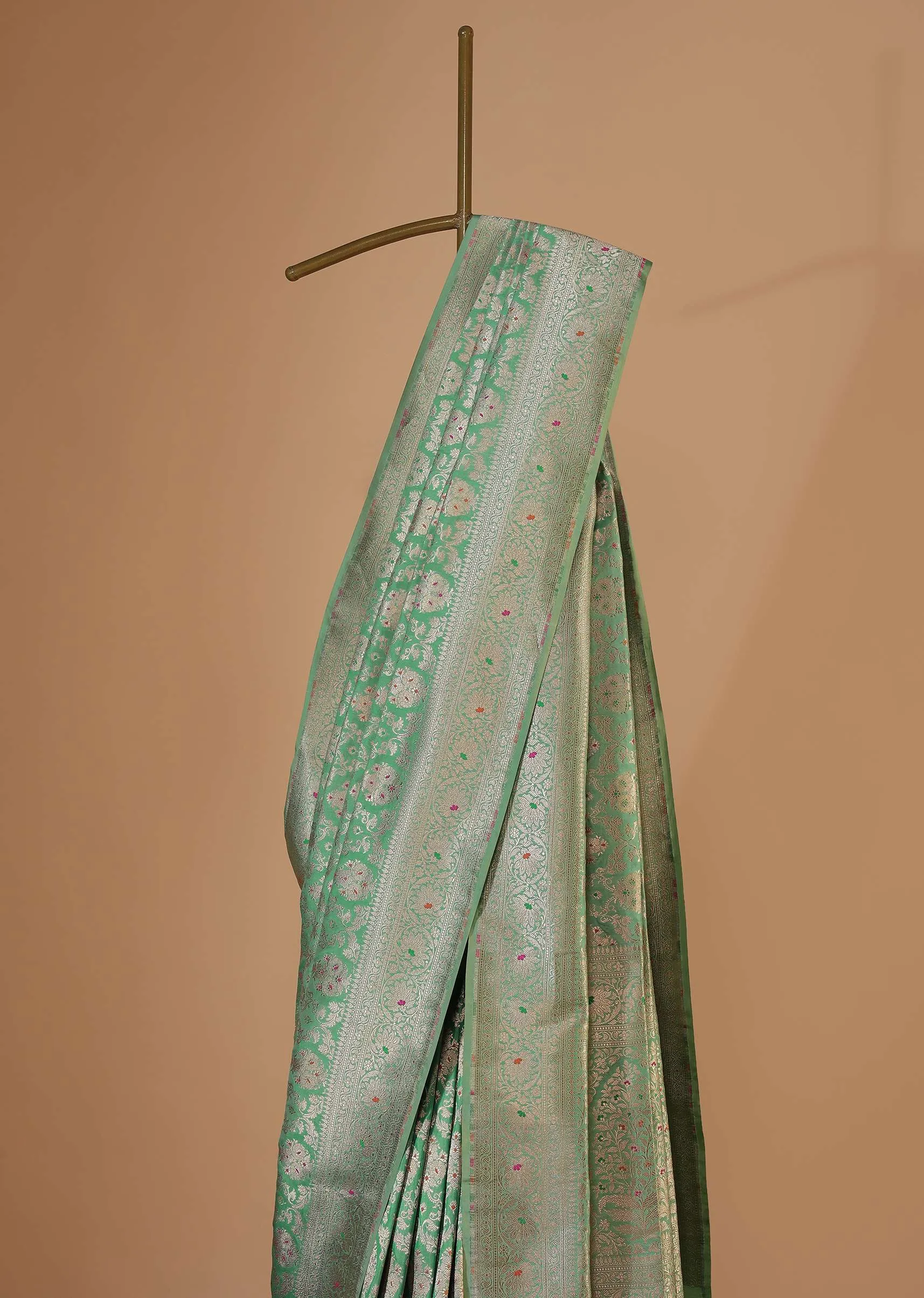 Moss Green Upada Silk Saree With Meenakari Jaal- Zari Work And Unstitched Work