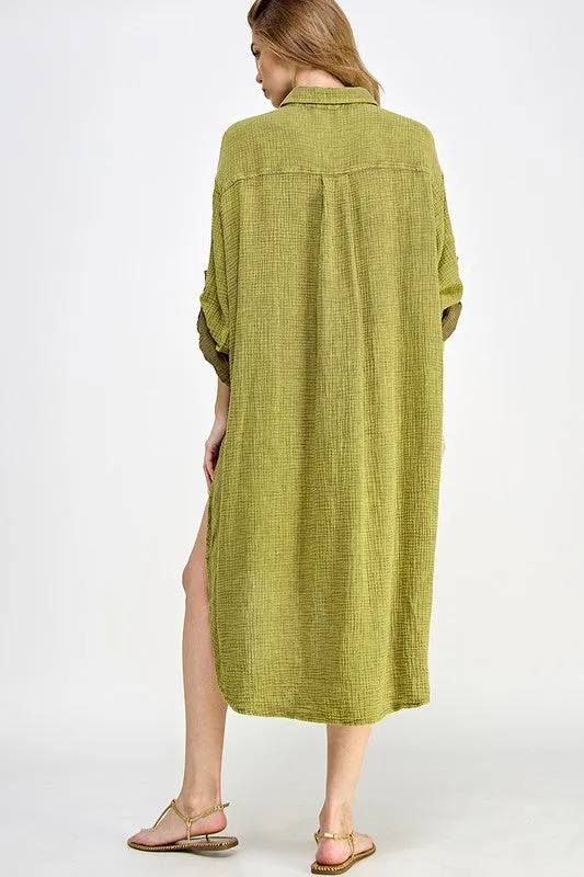 Olive Double Gauze Button Down Shirts Dresses