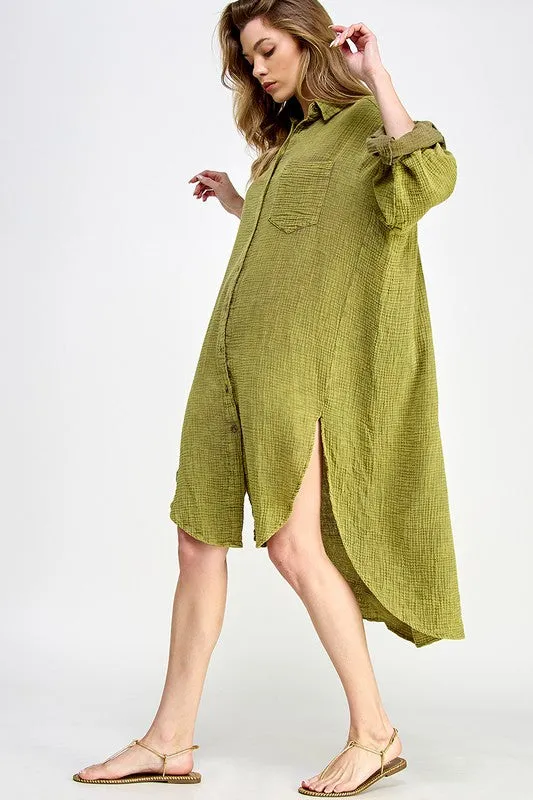 Olive Double Gauze Button Down Shirts Dresses
