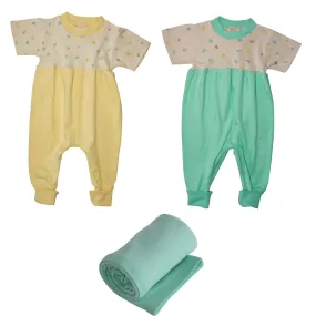 Organic Cotton Zip Crotch Jumpsuits Yellow and Mint 2 Pack with Blanket 0-6m