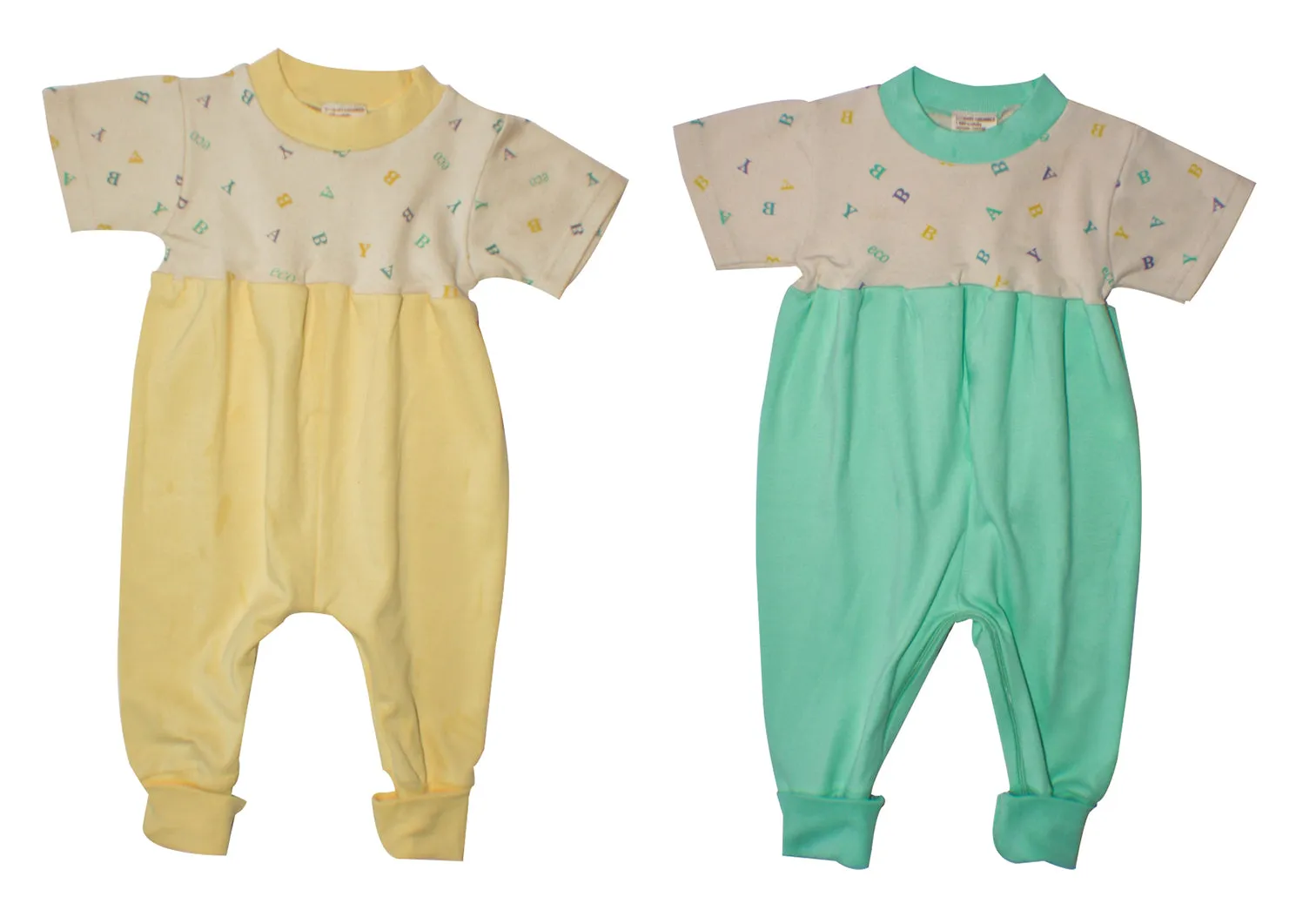 Organic Cotton Zip Crotch Jumpsuits Yellow or Mint