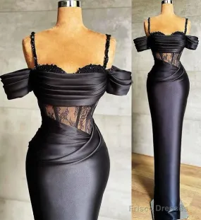 Plus Size Arabic Aso Ebi Black Lace Beaded Prom Dresses Spaghetti Sheath Satin Evening Formal Party Second Reception Gowns