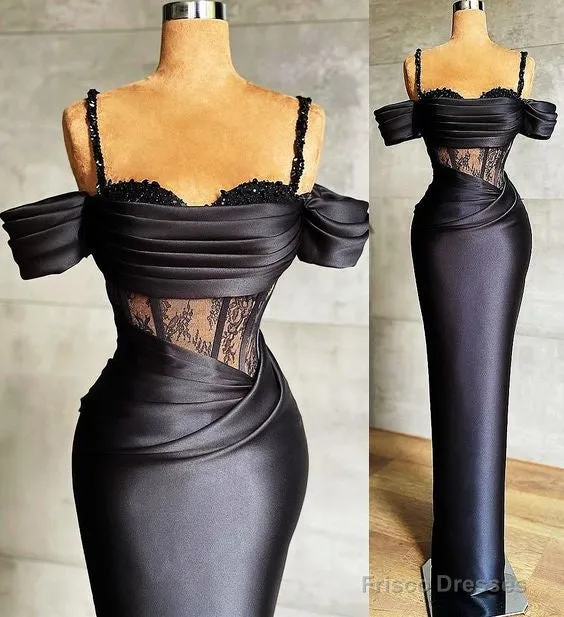 Plus Size Arabic Aso Ebi Black Lace Beaded Prom Dresses Spaghetti Sheath Satin Evening Formal Party Second Reception Gowns
