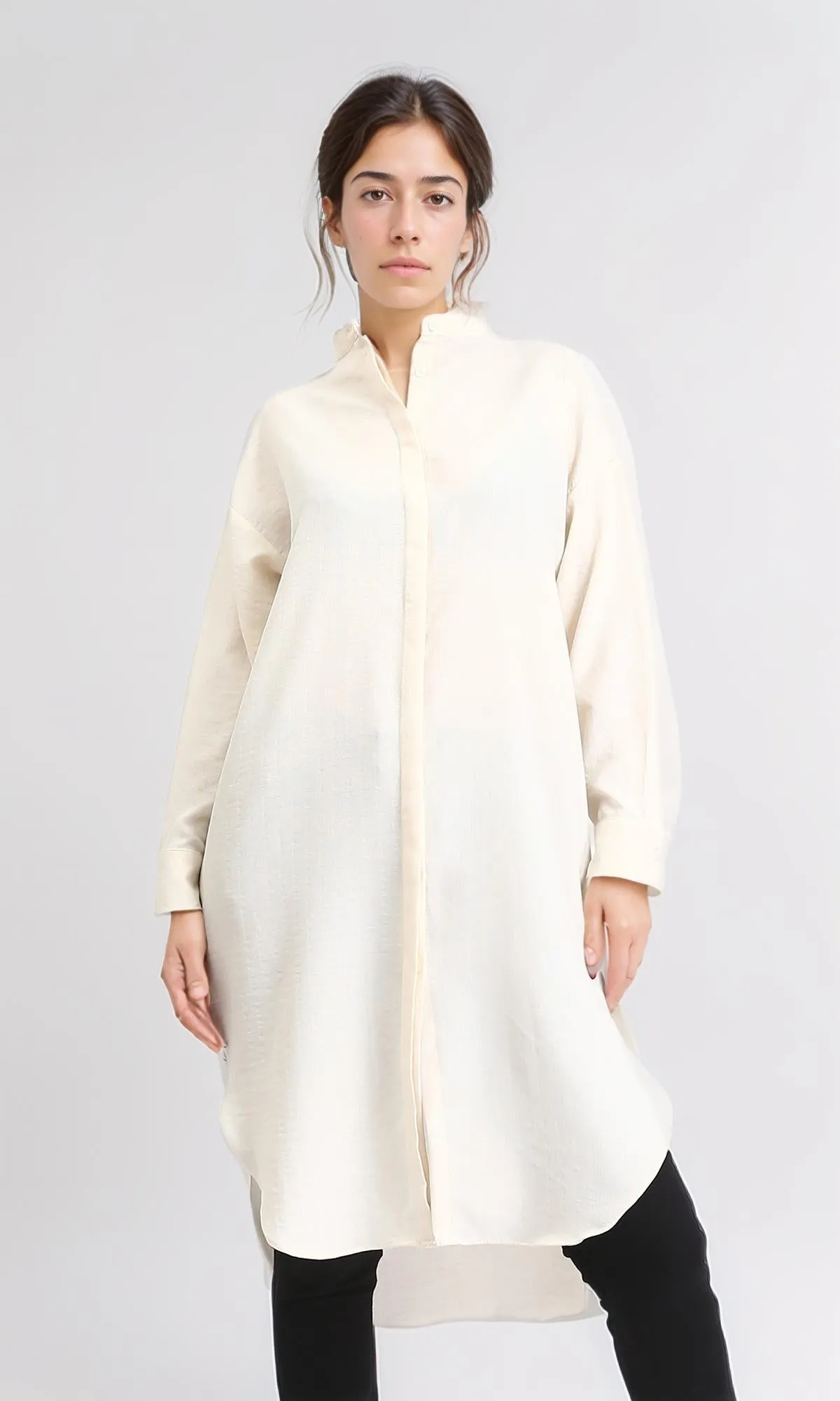 R208122 - Solid Long Shirt with Hidden Buttons - Cream