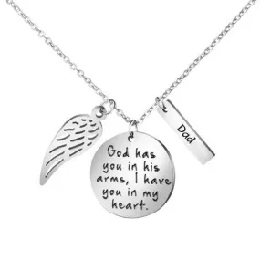 Remembrance Necklace For Dad With Wings-God Has You In His Arms. Keepsake Jewellery