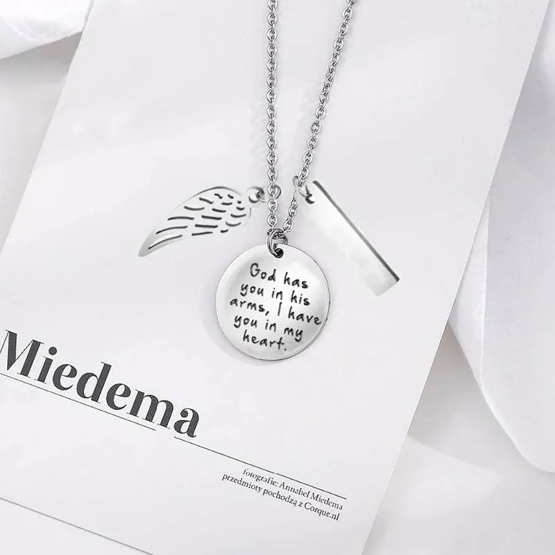 Remembrance Necklace For Dad With Wings-God Has You In His Arms. Keepsake Jewellery