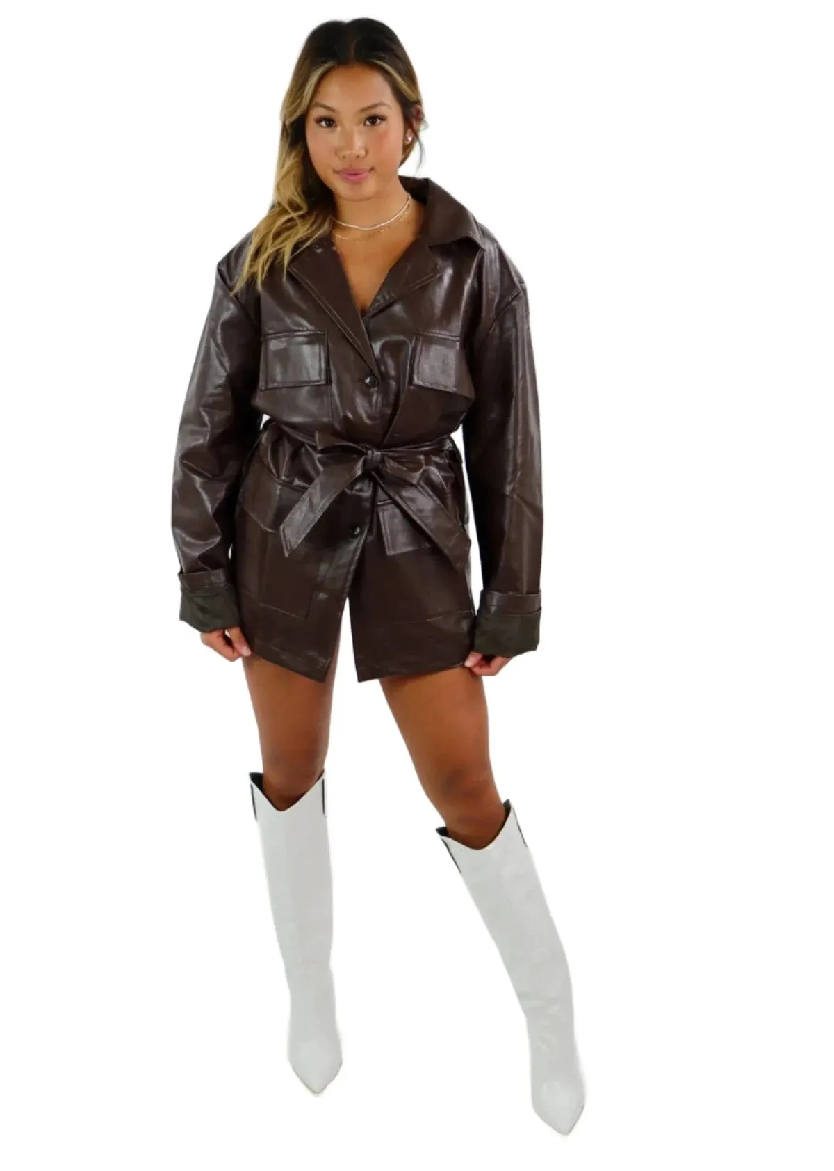 Rock N Rags - "Last To Leave" Jacket - Chocolate Brown - Faux Leather with Belt