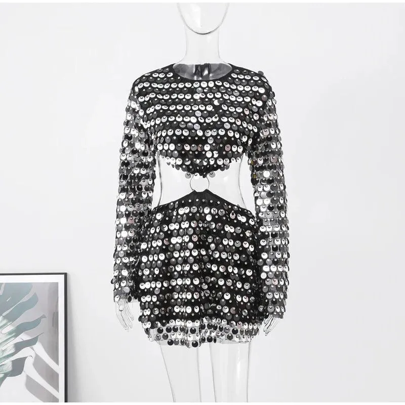Sexy Sequined Long Sleeve O Neck Evening Dress: Women's Slim Backless Mini Party Attire