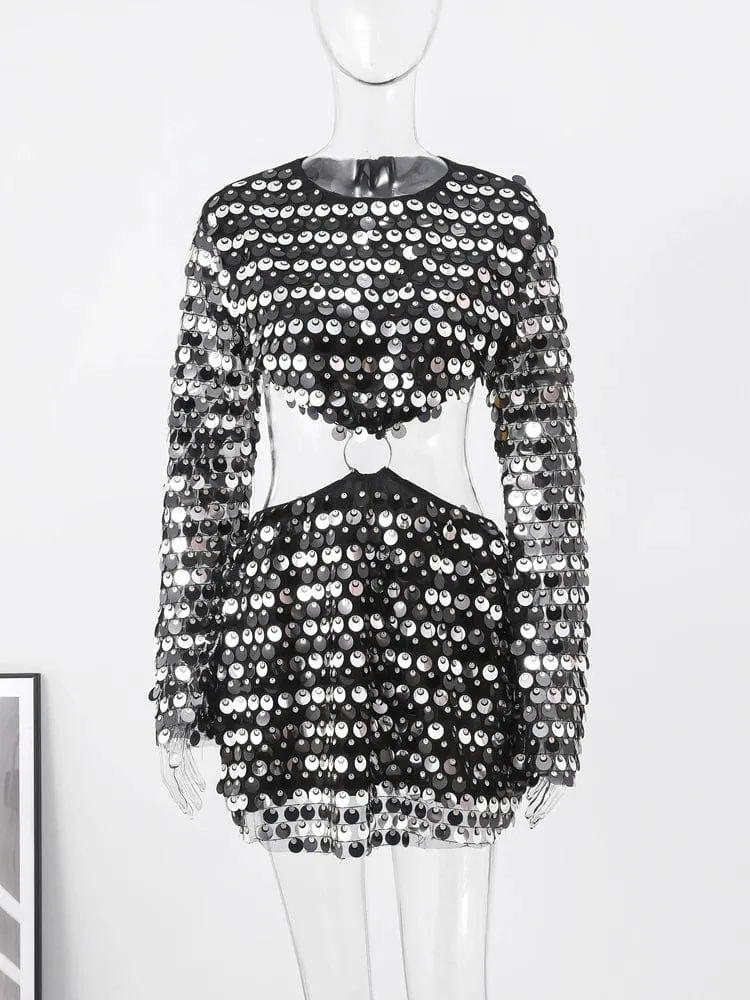 Sexy Sequined Long Sleeve O Neck Evening Dress: Women's Slim Backless Mini Party Attire